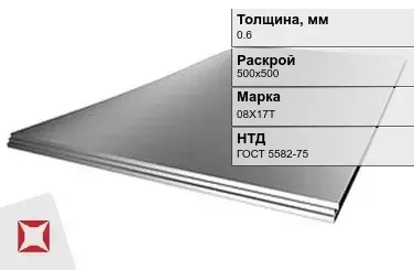 Лист нержавеющий  08Х17Т 0,6х500х500 мм ГОСТ 5582-75 в Кызылорде