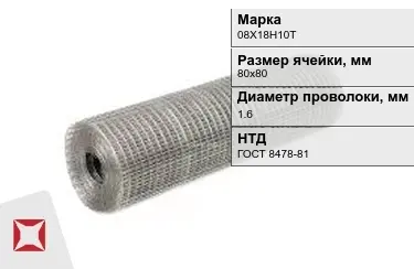 Сетка сварная в рулонах 08Х18Н10Т 1,6x80х80 мм ГОСТ 8478-81 в Кызылорде